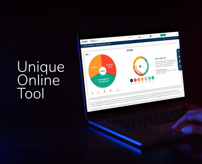 A screen showing URBA360, the Coface tool a handy business-risk analysis tool, giving access key indicators to evaluate businesses quickly. The screen shows risk assessment diagrams.
